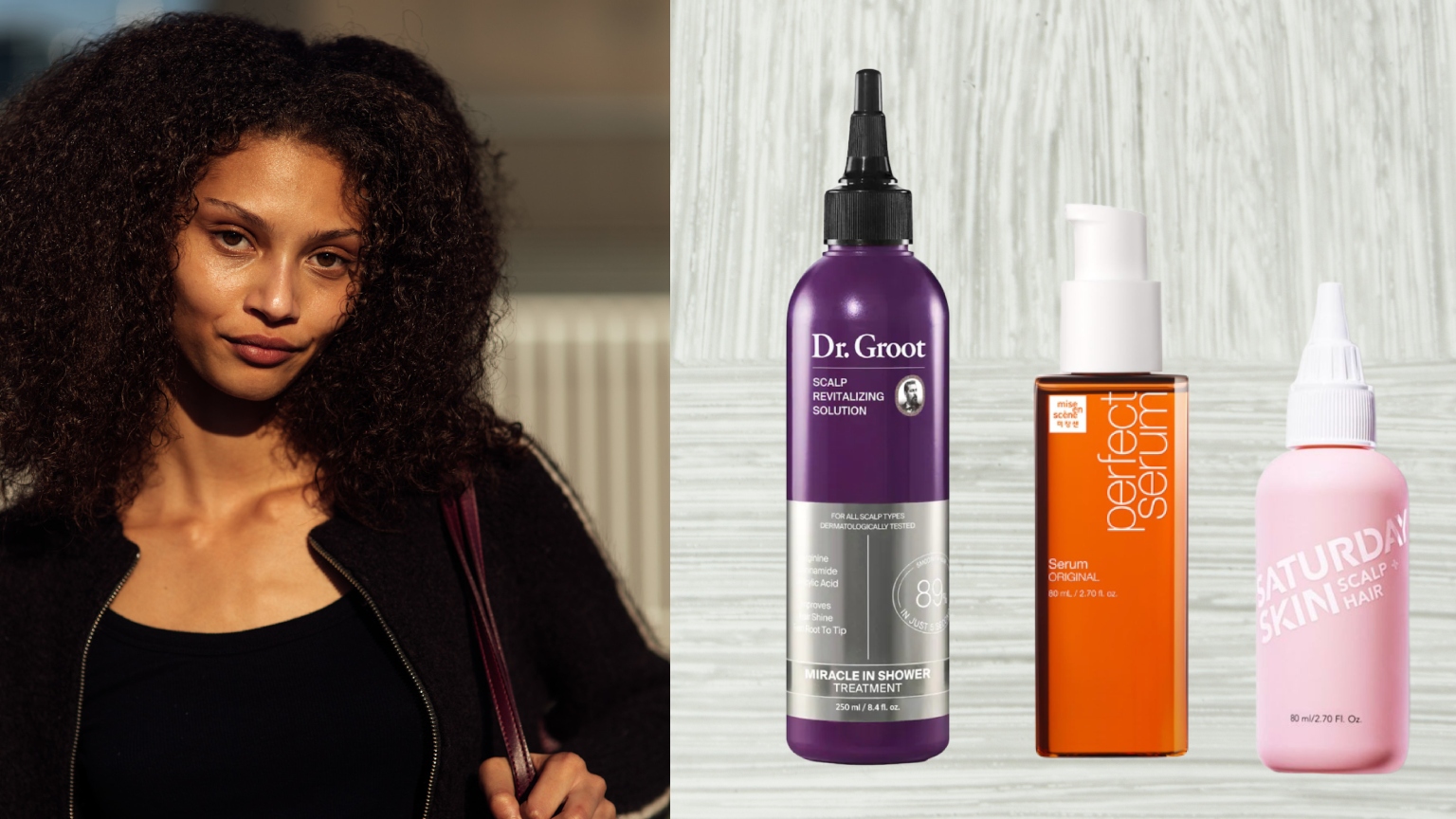 a woman with brown curly hair and glowing skin next to a gray backdrop with three bottles of korean hair care