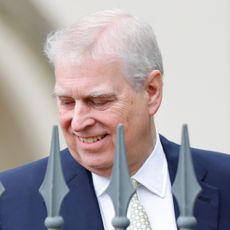 Ex-Prince Andrew wears a navy suit and stands behind a metal fence while smiling