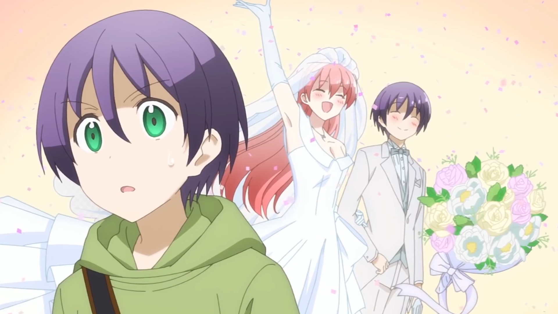 Nasa Yuzaki looking confused while he pictures himself and Tsukasa happily getting married in the romance anime Tonikawa: Over the Moon for You.