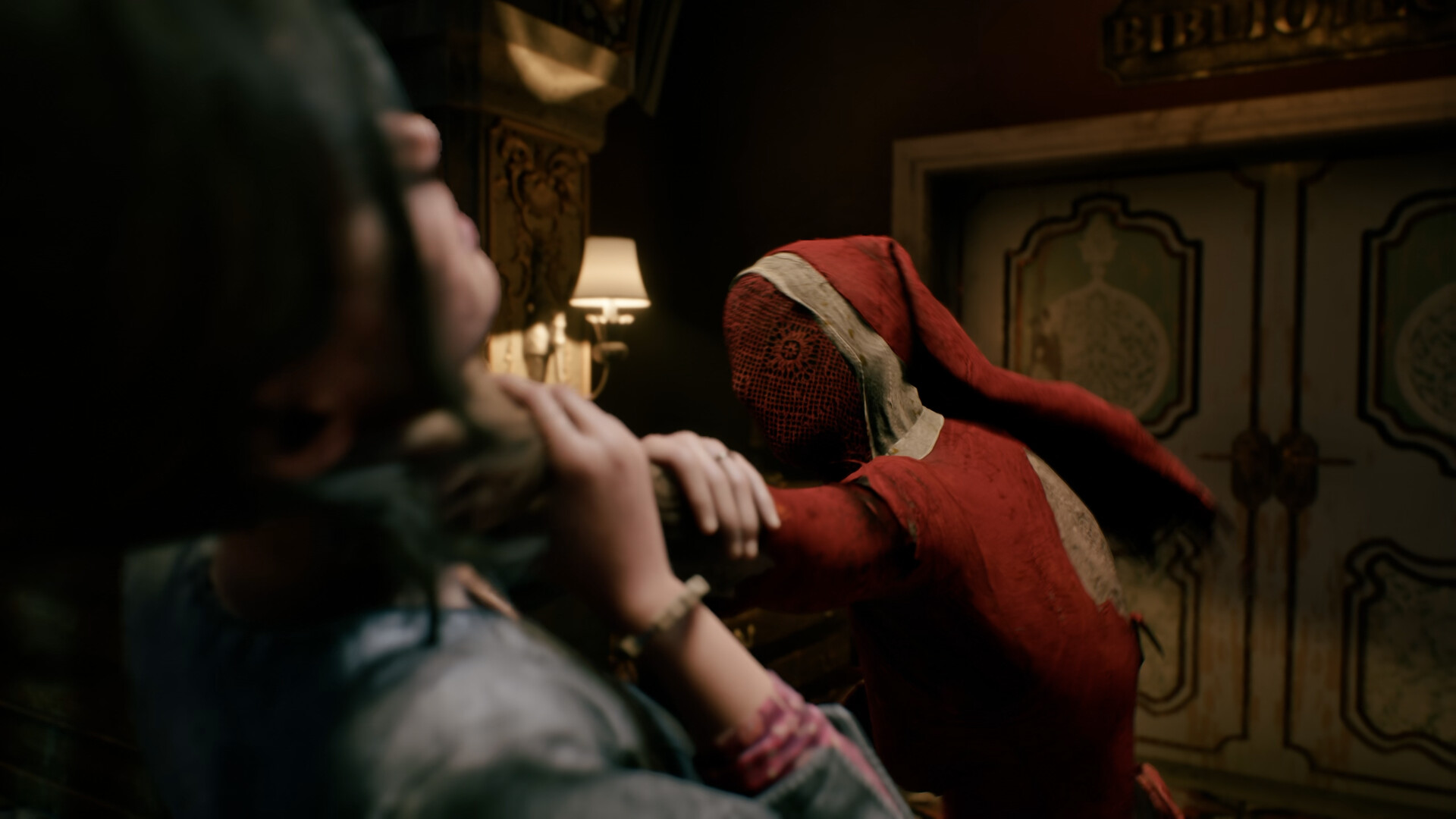 Remothered: Red Nun's Legacy screenshot showing a nun in red clothing with her face covered, strangling the protagonist