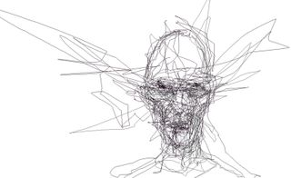 A Fink laser eye drawing of a persons head, face and shoulder on a white background