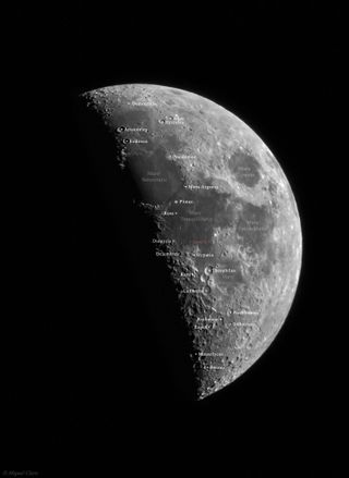This photo shows the moon one day before it reached “first quarter,” with the disc 44 percent illuminated by the sun. Miguel Claro of Lisbon, Portugal captured the image on March 7, 2014. In this annotated version, Claro changed the inverted position of the original photo caused by the mirrors in his Maksutov telescope.