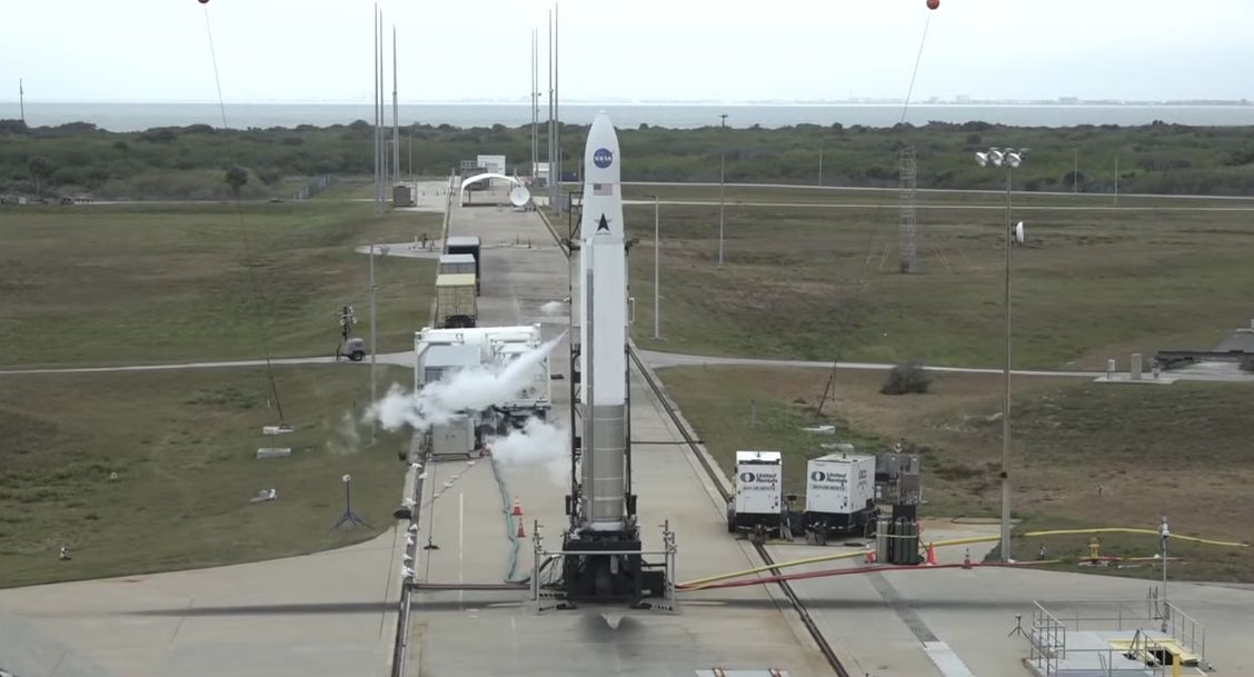 An Astra rocket is seen atop Space Launch Complex 46 at the Cape Canaveral Space Force Station in Florida during the company&#039;s first attempted launch from the new pad on Feb. 5, 2022.