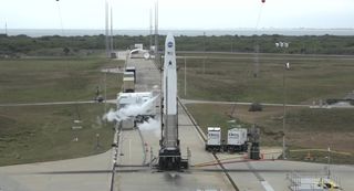 An Astra rocket is seen atop Space Launch Complex 46 at the Cape Canaveral Space Force Station in Florida during the company's first attempted launch from the new pad on Feb. 5, 2022.