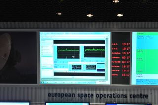 The wake-up signal from the European Space Agency's Rosetta spacecraft can be seen in this photo from ESA's Spacecraft Operations Center in Darmstadt, Germany on Jan. 20, 2014. Rosetta awoke from a 31-month slumber to prepare for its arrival at a comet la
