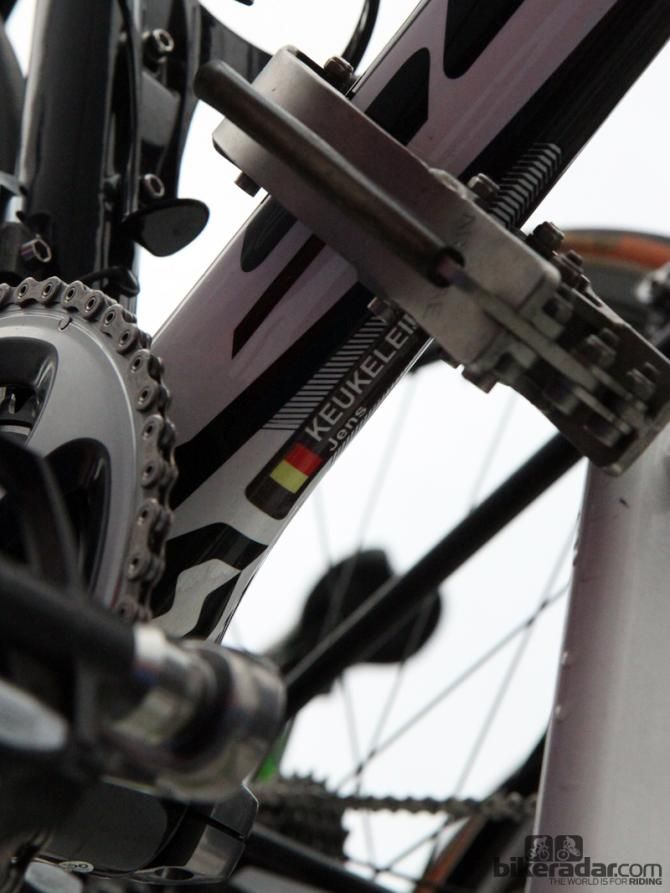 While it looks nice to have rider names on the bikes up on the top tube, this location is much more useful for the mechanics when it comes time to haul one off of the team car