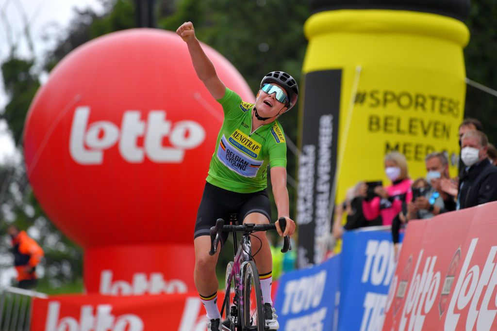 GERAARDSBERGEN BELGIUM JUNE 25 Lotte Kopecky of Belgium and Belgium National Team Green Points Jersey stage winner celebrates at arrival during the 9th Lotto Belgium Tour 2021 Stage 3 a 1011km stage from Geraardsbergen to Geraardsbergen 101m LottoBelgTour LottoBelgiumTour on June 25 2021 in Geraardsbergen Belgium Photo by Luc ClaessenGetty Images