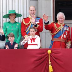 King Charles III and Queen Camilla wave alongside Prince William, Prince of Wales, Prince Louis of Wales, Catherine, Princess of Wales and Prince George of Wales on the Buckingham Palace balcony during Trooping the Colour on June 17, 2023 in London, England.