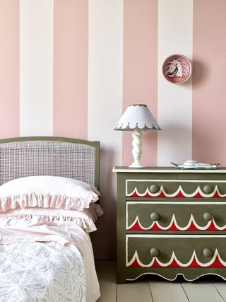 Pink and white striped bedroom walls by Annie Sloan