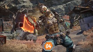 Borderlands 4 screenshot with a raider pointing an energy sword at the camera