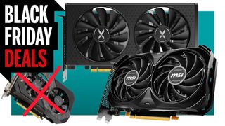 Multiple graphics cards on a blue background, with a Black Friday deals logo