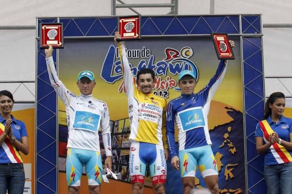 Jose Serpa (Androni-Venezuela) on the podium flanked by Alexandr Dyachenko (Astana) and Valentin Iglinskiy (Astana).