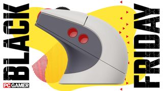 8BitDo Retro R8 gaming mouse on a yellow background with "Black Friday" written on the side. 