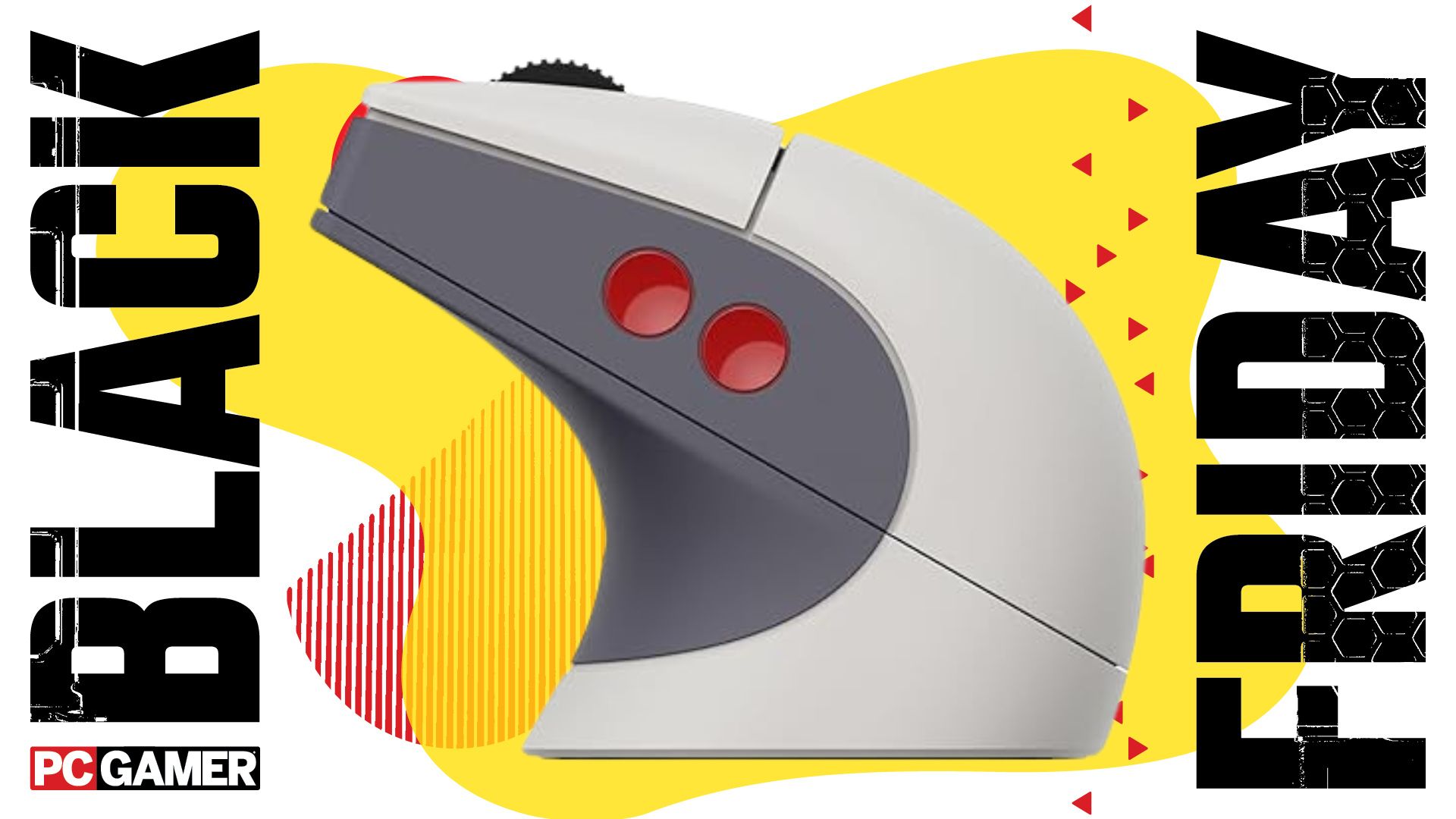 8BitDo Retro R8 gaming mouse on a yellow background with &quot;Black Friday&quot; written on the side. 