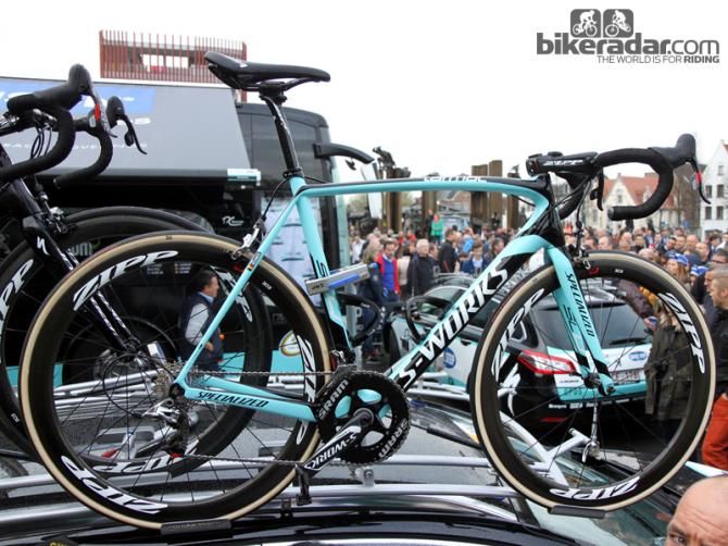 Tom Boonen (Omega Pharma-QuickStep) had at least three spare bikes available for Ronde van Vlaanderen, including this Specialized S-Works Tarmac SL4