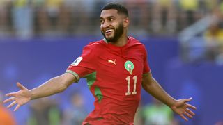 Ismael Saibari of Morocco celebrates the team's first goal during the FIFA World Cup 2026 Group C match between Brazil and Morocco at New York New Jersey Stadium on June 13, 2026