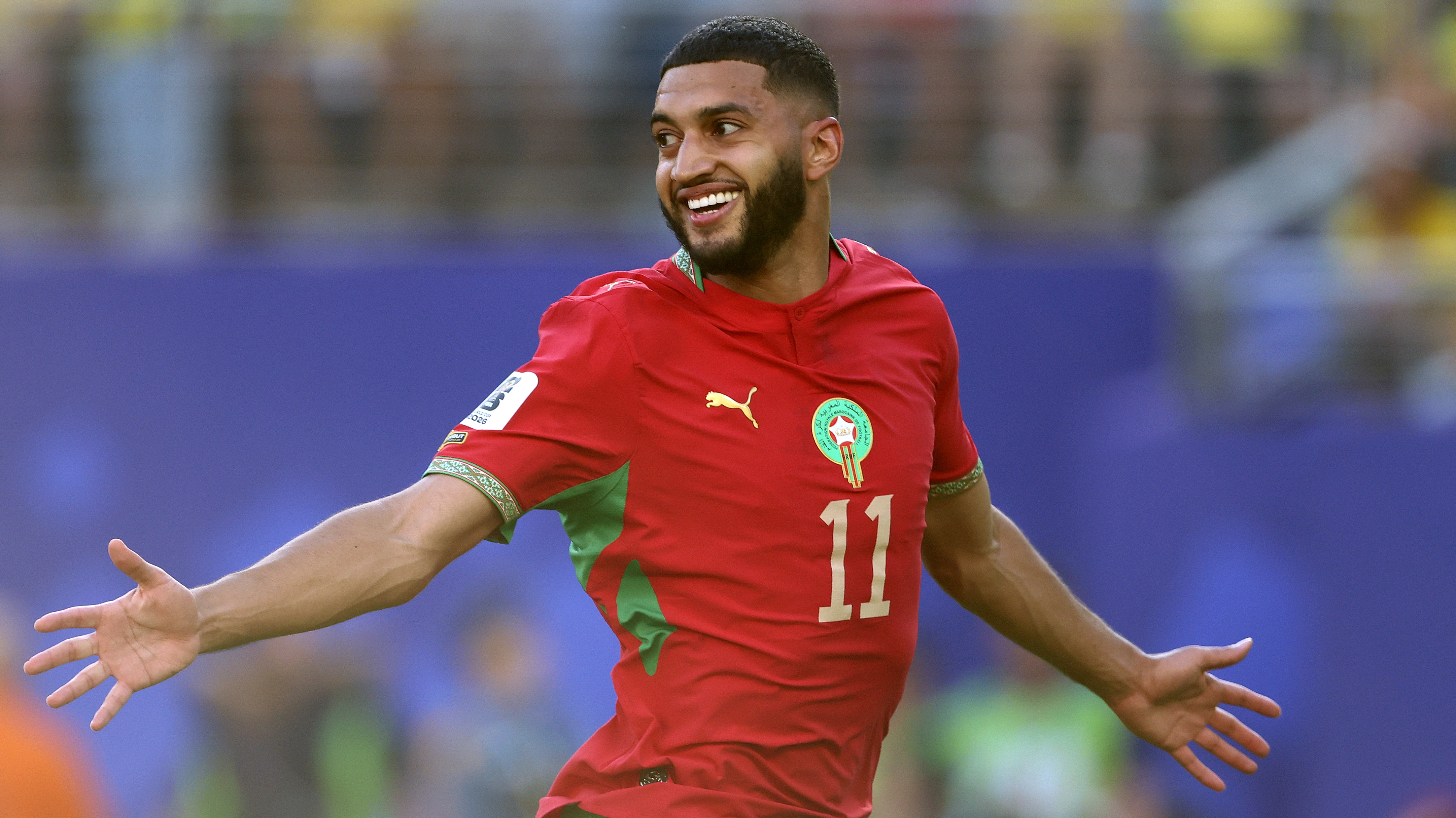 Ismael Saibari of Morocco celebrates the team's first goal during the FIFA World Cup 2026 Group C match between Brazil and Morocco at New York New Jersey Stadium on June 13, 2026
