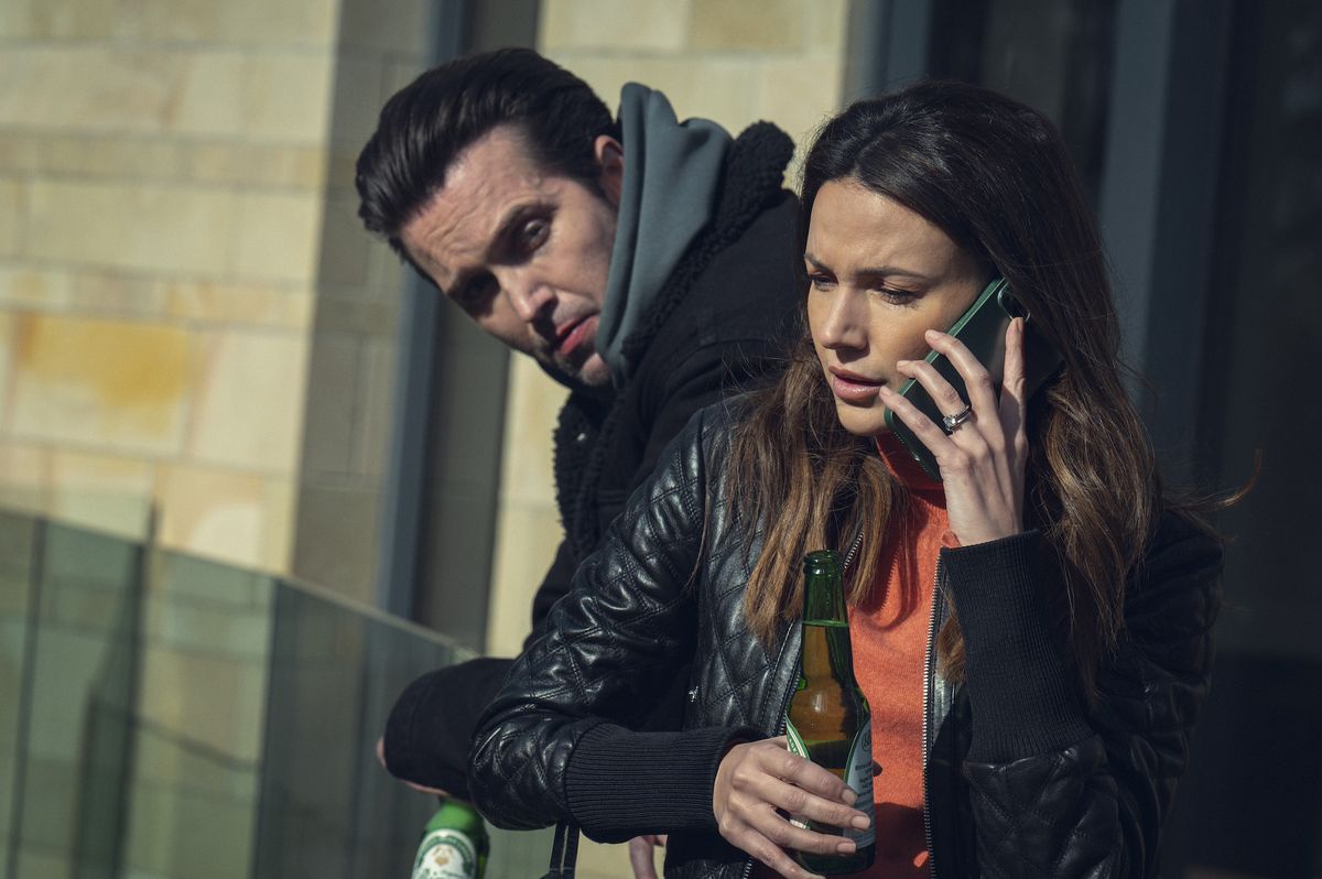 Emmett J Scanlan as Shane Tessier and Michelle Keegan as Maya Stern in Fool Me Once episode 3