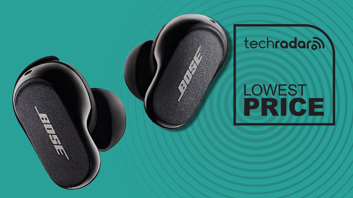 Bose QuietComfort Earbuds 2 on blue background, with TR&#039;s Lowest Price branding