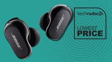 Bose QuietComfort Earbuds 2 on blue background, with TR's Lowest Price branding