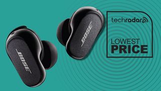 Bose QuietComfort Earbuds 2 on blue background, with TR's Lowest Price branding