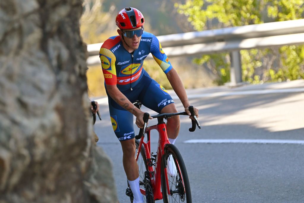 SALVANLES MARECOTTES SWITZERLAND APRIL 25 Thibau Nys of Belgium and Team Lidl Trek competes in the breakaway during the 77th Tour De Romandie 2024 Stage 2 a 171km stage from Fribourg to SalvanLes Marecottes 1059m UCIWT on April 25 2024 in SalvanLes Marecottes Switzerland Photo by Luc ClaessenGetty Images