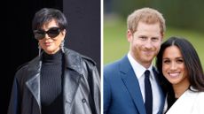 Kris Jenner Prince Harry and Meghan Markle Kardashians - Kris Jenner pictured wearing sunglasses and a leather jacket at the the Balenciaga Womenswear Spring/Summer 2024 / alongside a picture of Prince Harry and Meghan Markle at Kensington Palace on November 27, 2017