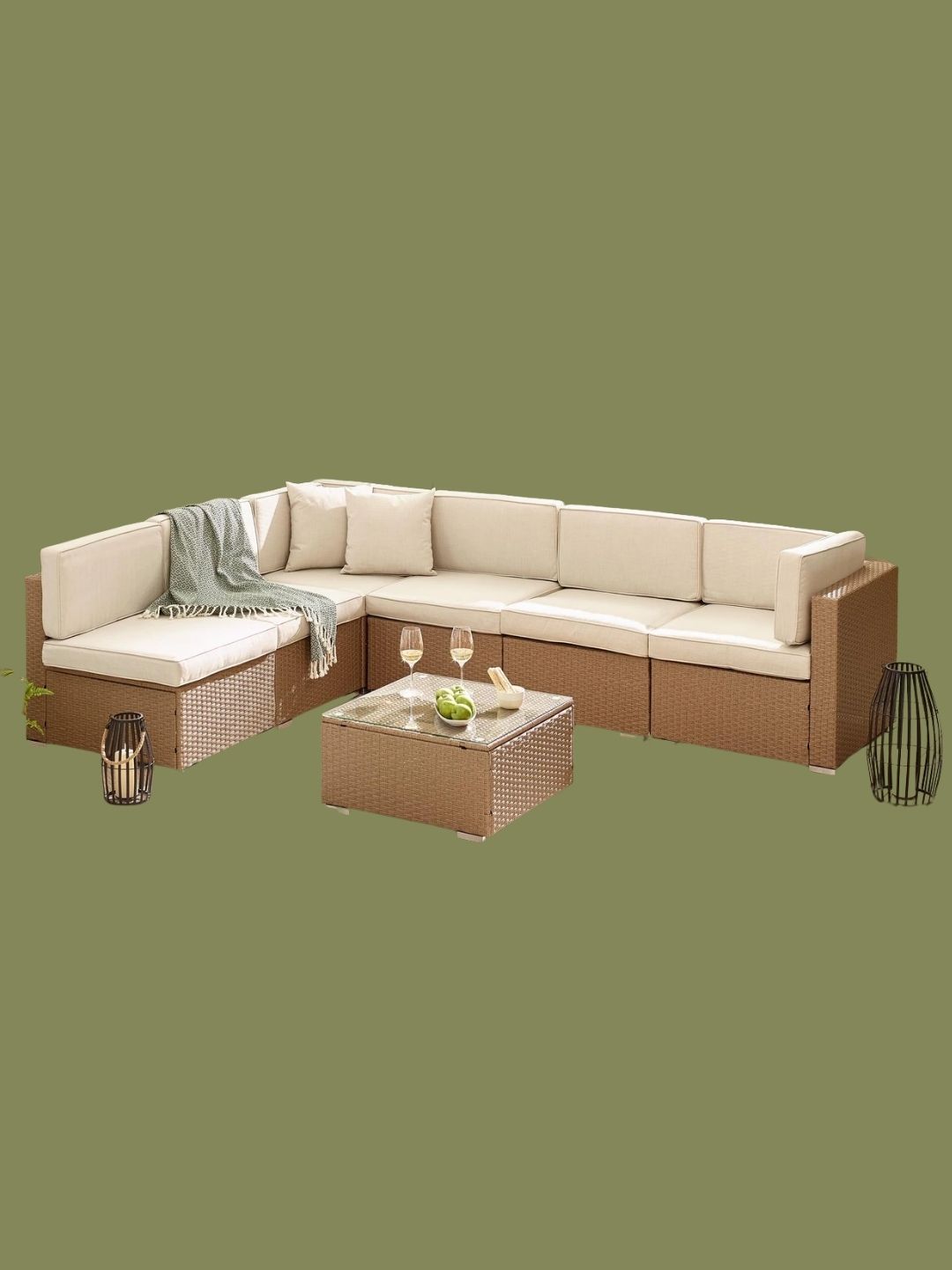 Furniturebox, Orlando Beige Rattan &amp;amp; Cream 6 Seat Modular Garden Sofa