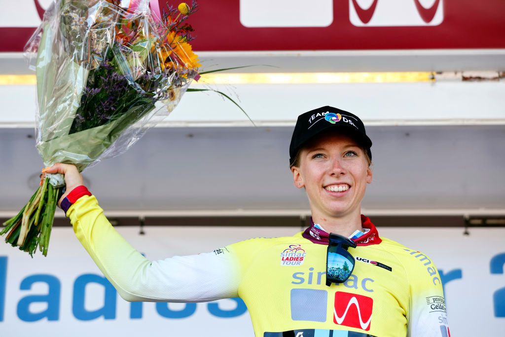 LELYSTAD NETHERLANDS AUGUST 30 Lorena Wiebes of Netherlands and Team DSM celebrates winning the yellow leader jersey on the podium ceremony after the 25th Simac Ladies Tour 2022 Stage 1 a 1412km stage from Lelystad to Lelystad SLT2022 UCIWWT on August 30 2022 in Lelystad Netherlands Photo by Bas CzerwinskiGetty Images