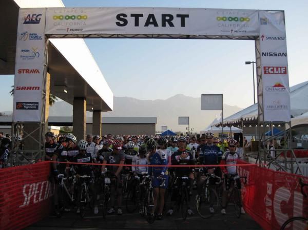 Riders await the start with Mount Baldy looming large in the background