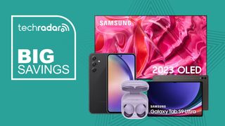 Samsung OLED TV, A54, Tab S9 Ultra and Buds 2 Pro on a green background