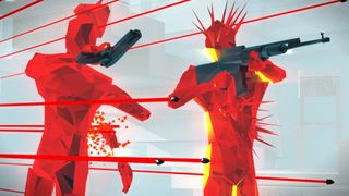 Красные фигуры в супер -ружье стреляют из оружия