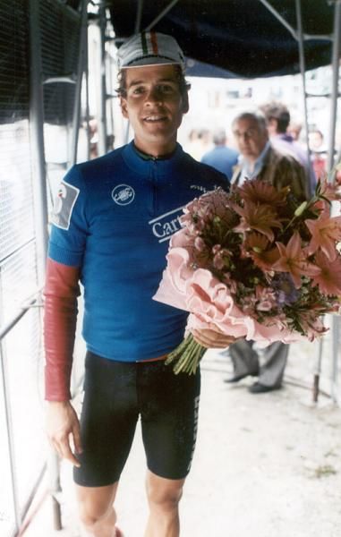 The calm before the storm - Andy Hampsten in the Intergiro jersey one day prior to the stage over the Gavia Pass.