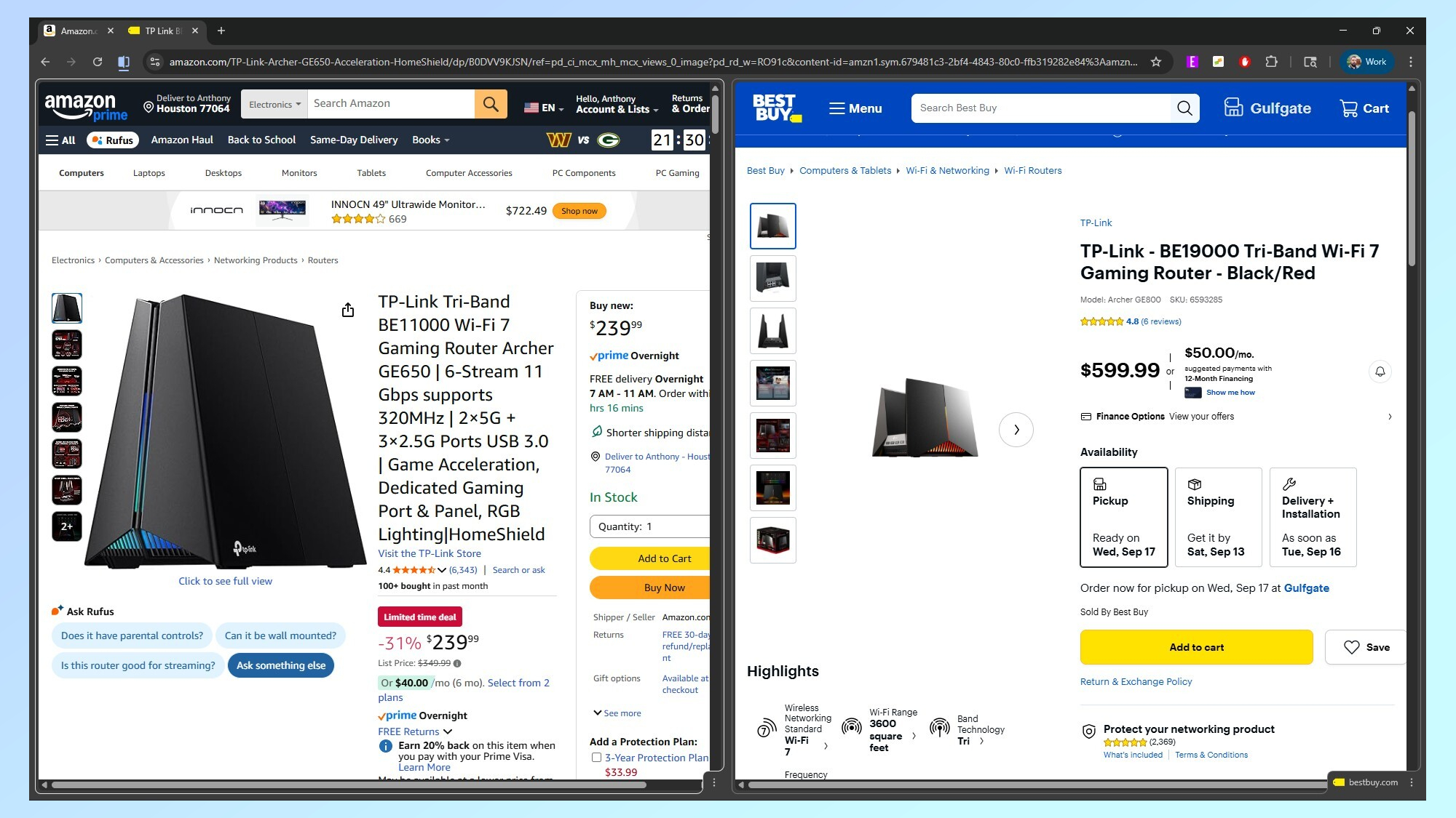 A screenshot showing how you can compare two items while shopping online with Chrome's new Split Tabs feature