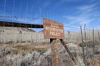 a sign saying aspen regeneration project with a wire fence and bare trees behind