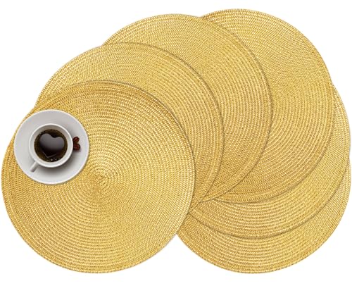 Zupro Round Placemats Set of 6,15inch Braided Table Mats Heat Resistant Non-Slip Washable,for Kitchen Dining Tables Four Seasons Dinner Parties Thanksgiving Christmas and Everyday Use.golden