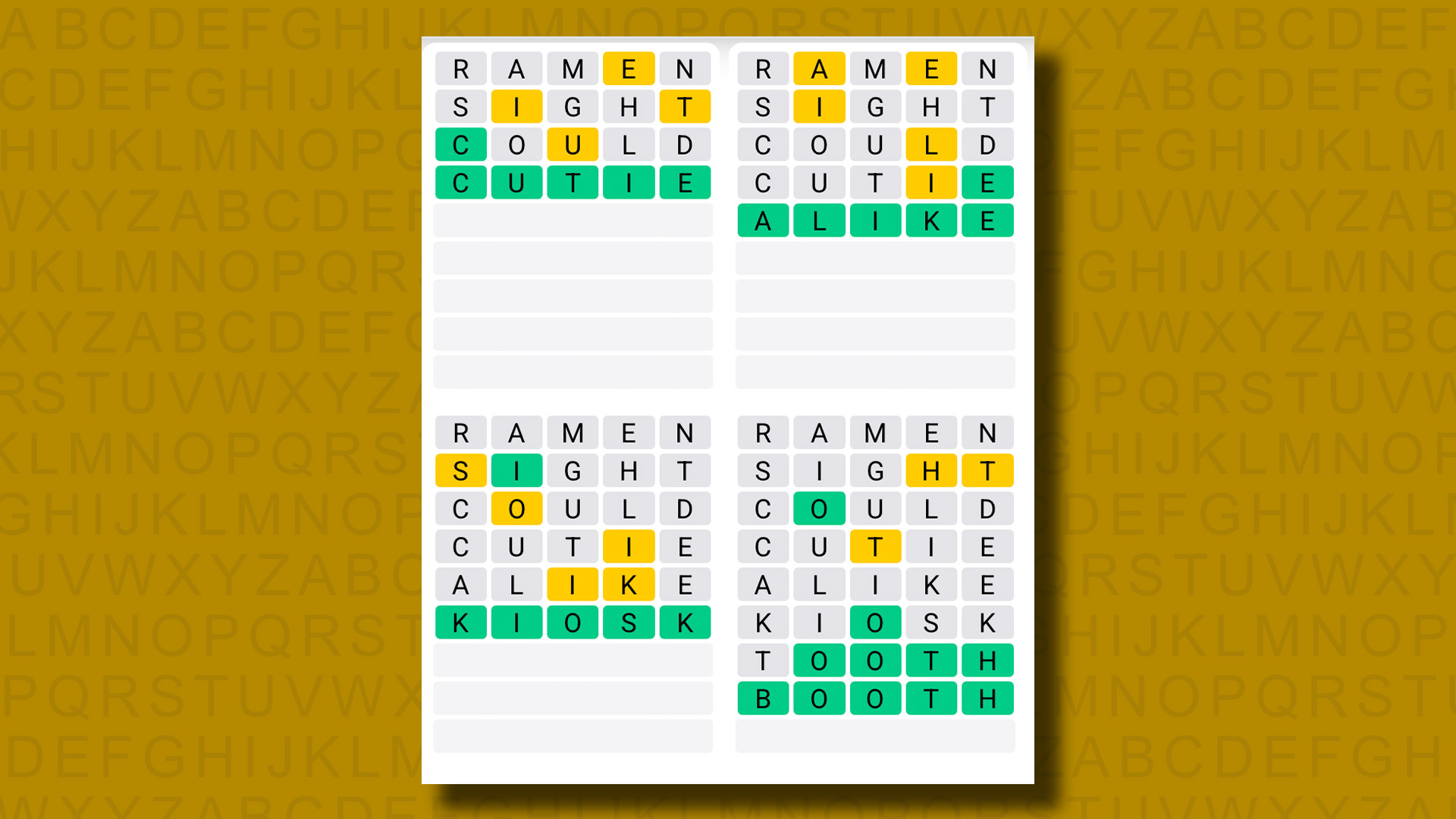 Quordle answers for game 1321 on a yellow background