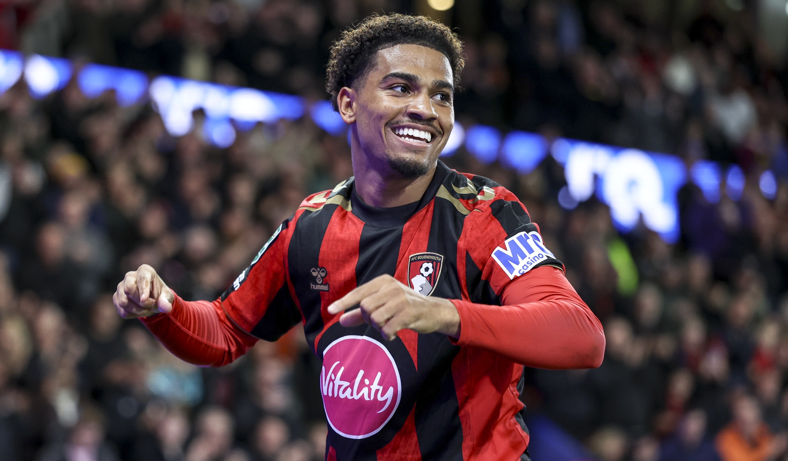 Amine Adli of Bournemouth celebrates after scoring to make it 1-0 during the Carabao Cup Fourth Round match against Aston Villa at Vitality Stadium on October 28, 2026 in Bournemouth, England