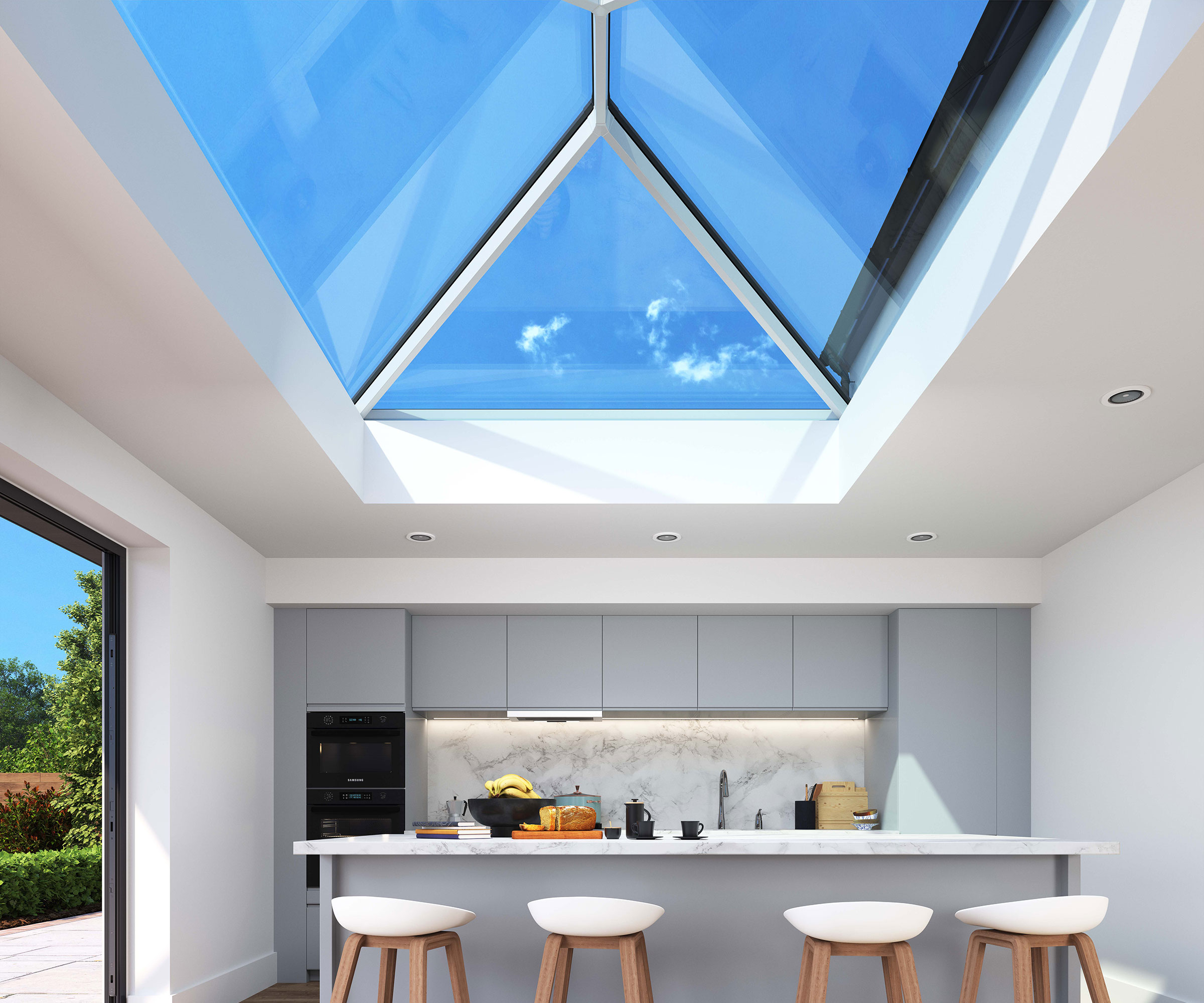 large rooflight in a modern kitchen extension
