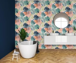 bathroom with floral wallpaper