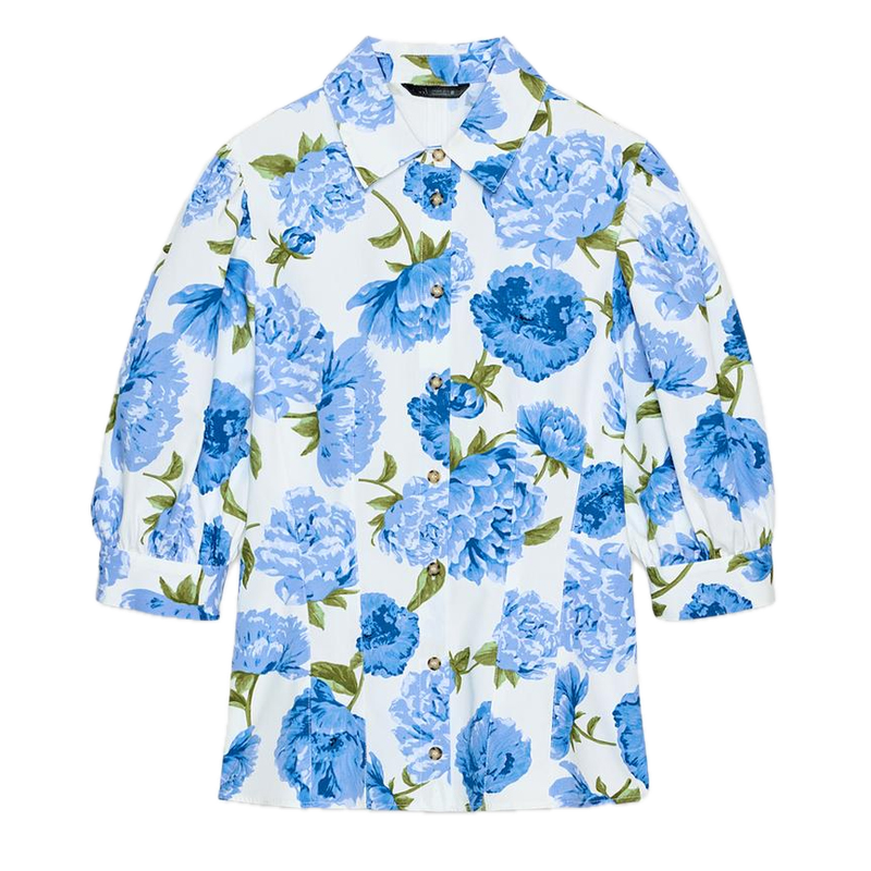 blue and white floral print blouse Zara