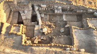 An aerial view of the amphitheater found in a Roman legion camp near Tel Megiddo.