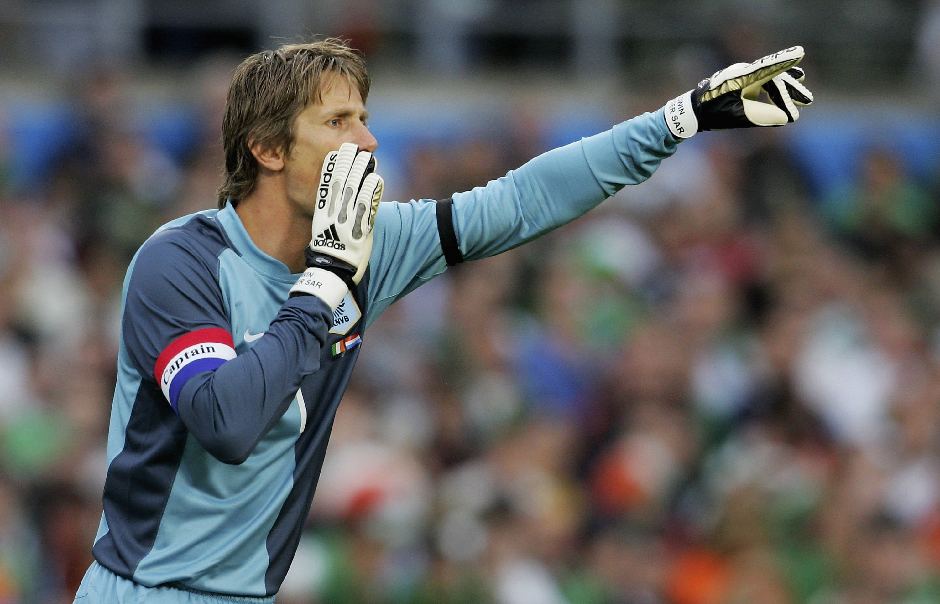 Netherlands captain Edwin van der Sar shouts instructions during a friendly against the Republic of Ireland in August 2006.