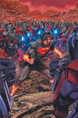 Superman faces an army of Peacemakers.