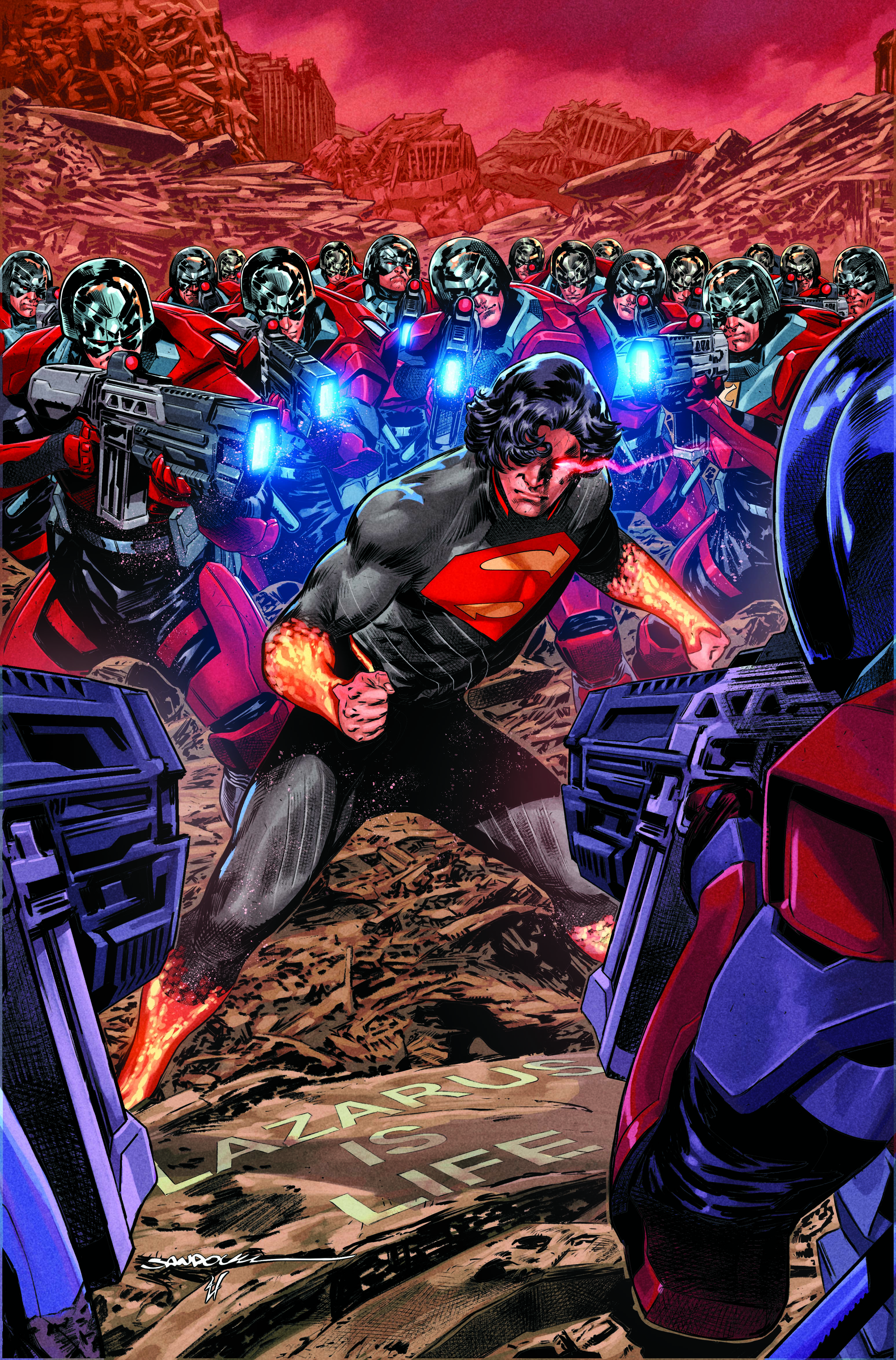 Superman faces an army of Peacemakers.