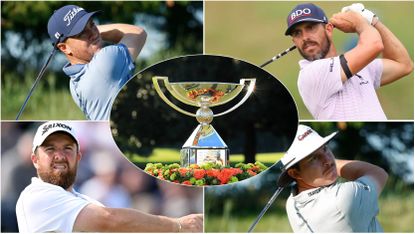 An image featuring the FedEx Cup trophy and Justin Thomas, Billy Horschel, Shane Lowry and Joel Dahmen