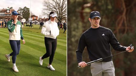 Charley Hull and Georgia Hall walking off the 1st tee at Sunningdale and Gareth Bale sizing up a putt