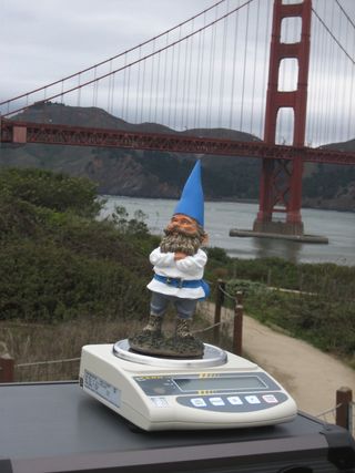 A gnome on a scale by the Golden Gate Bridge.