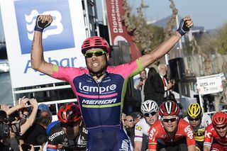 Davide Cimolai (Lampre - Merida) victory salute after he wins stage 6 at Volta a Catalunya