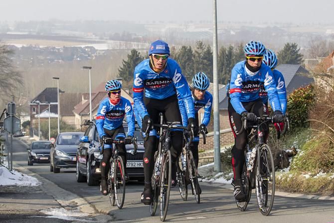 Garmin-Sharp's Johan Vansummeren, Sebastien Rosseler, Thomas Dekker, Martijn Maaskaant and Tyler Farrar recon the Omloop Het Nieuwsblad route.